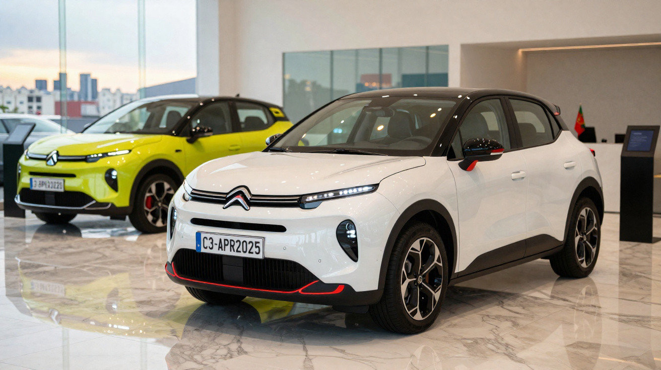 Dois carros Citroën em exposição dentro de salão moderno, sendo um branco e outro amarelo.