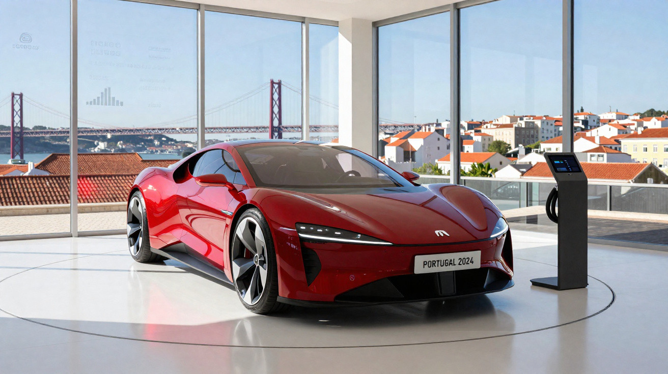 Carro esportivo elétrico vermelho em showroom com vista para cidade e ponte ao fundo em Portugal.