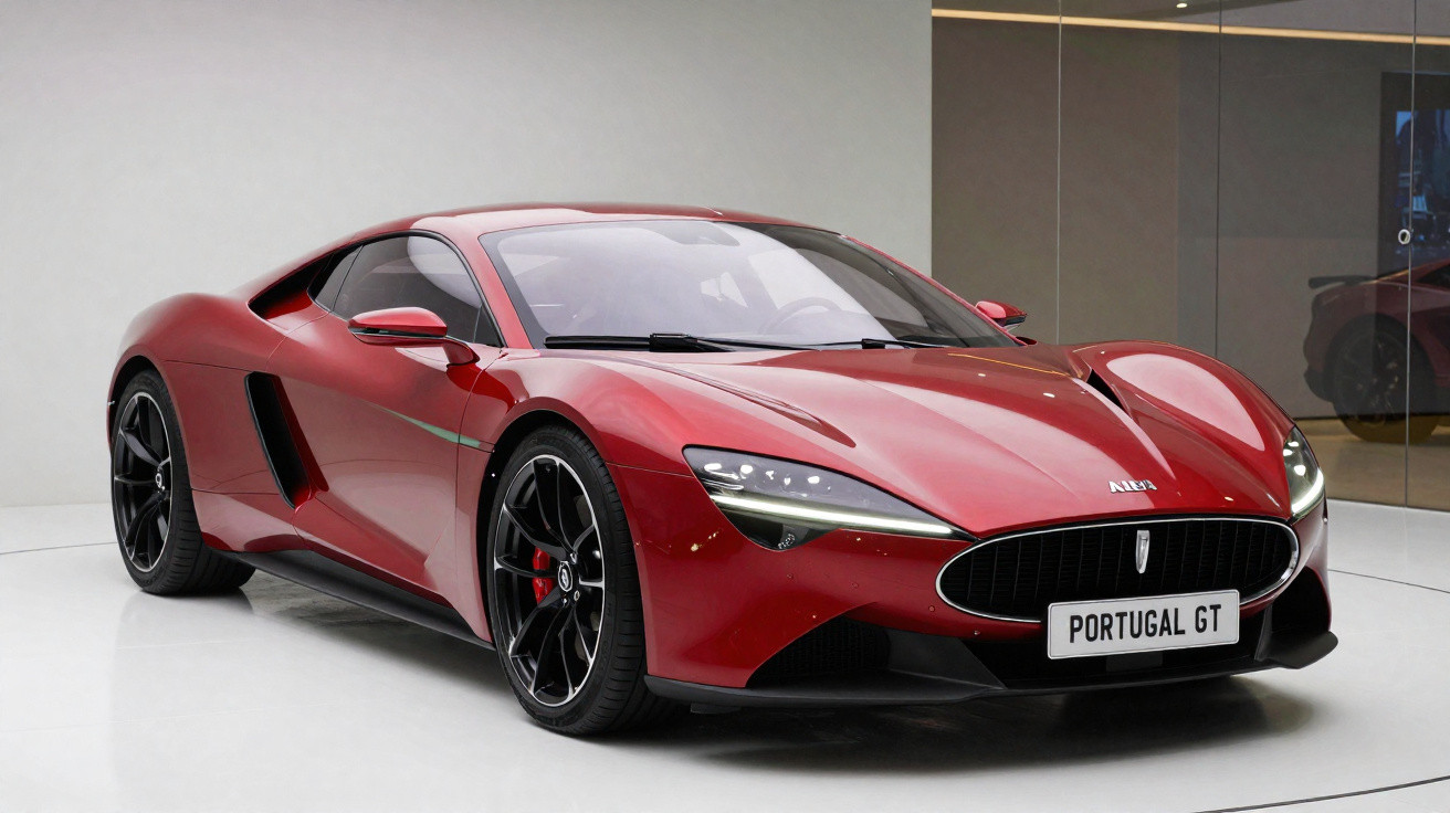 Carro esportivo vermelho, modelo Portugal GT, exibido em showroom moderno e minimalista.