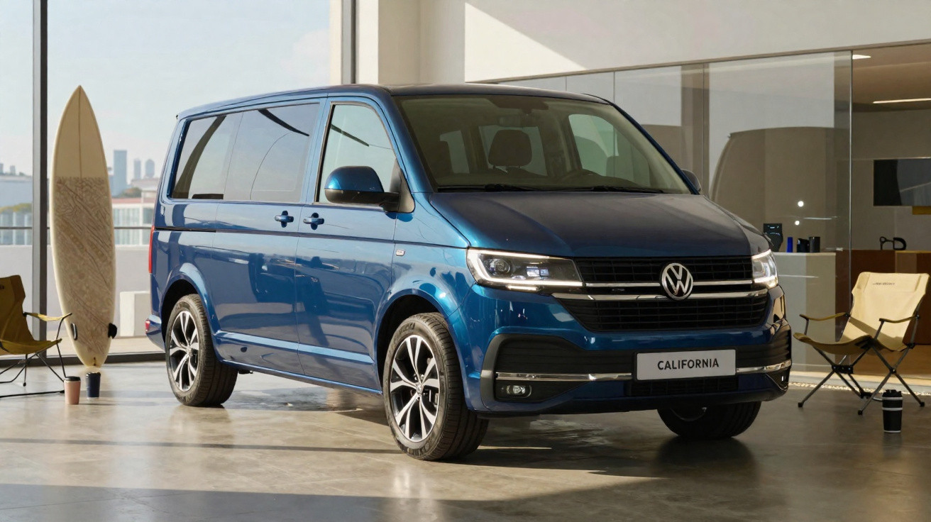 Van Volkswagen California azul estacionada em ambiente interno moderno com prancha de surf e cadeiras.