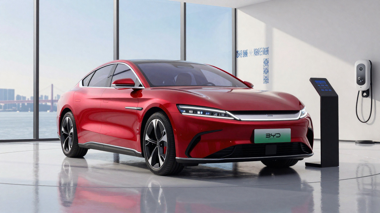Carro elétrico vermelho BYD em showroom moderno com estação de carregamento e vista para a cidade.