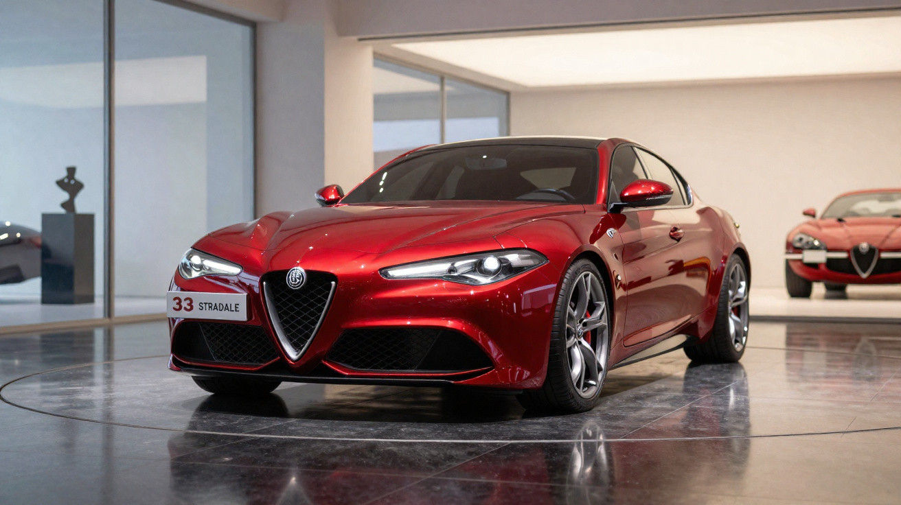 Carro esportivo Alfa Romeo vermelho brilhante exibido em ambiente interno moderno com piso refletivo.