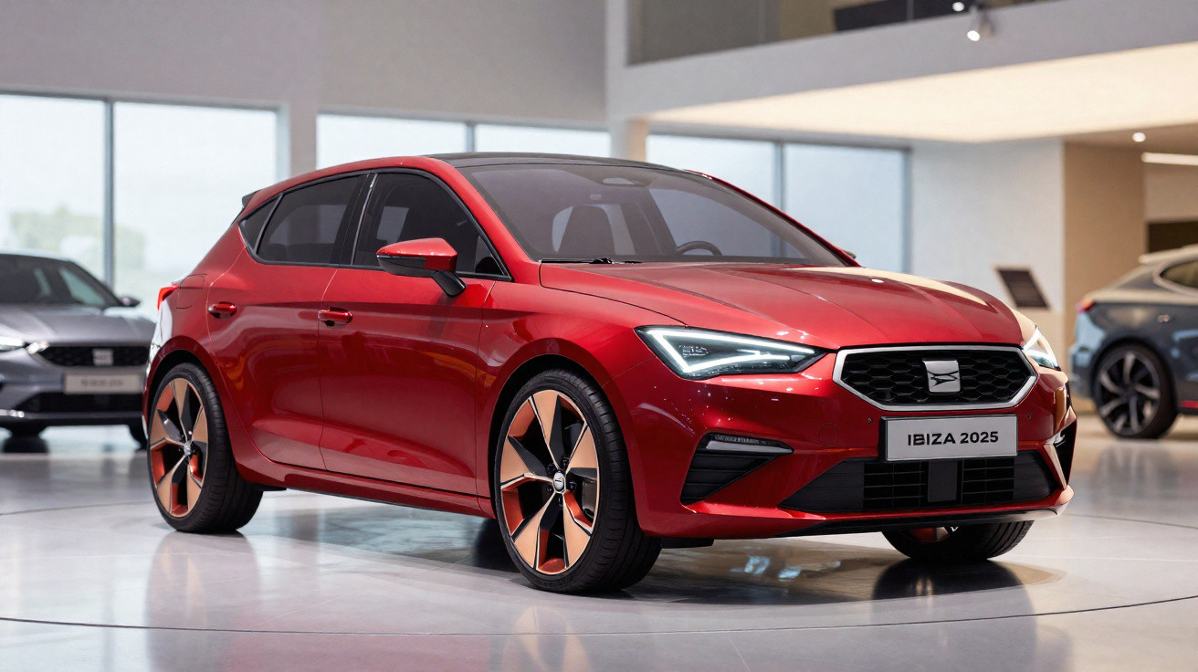 Carro compacto vermelho Seat Ibiza 2025 em exposição em showroom moderno.