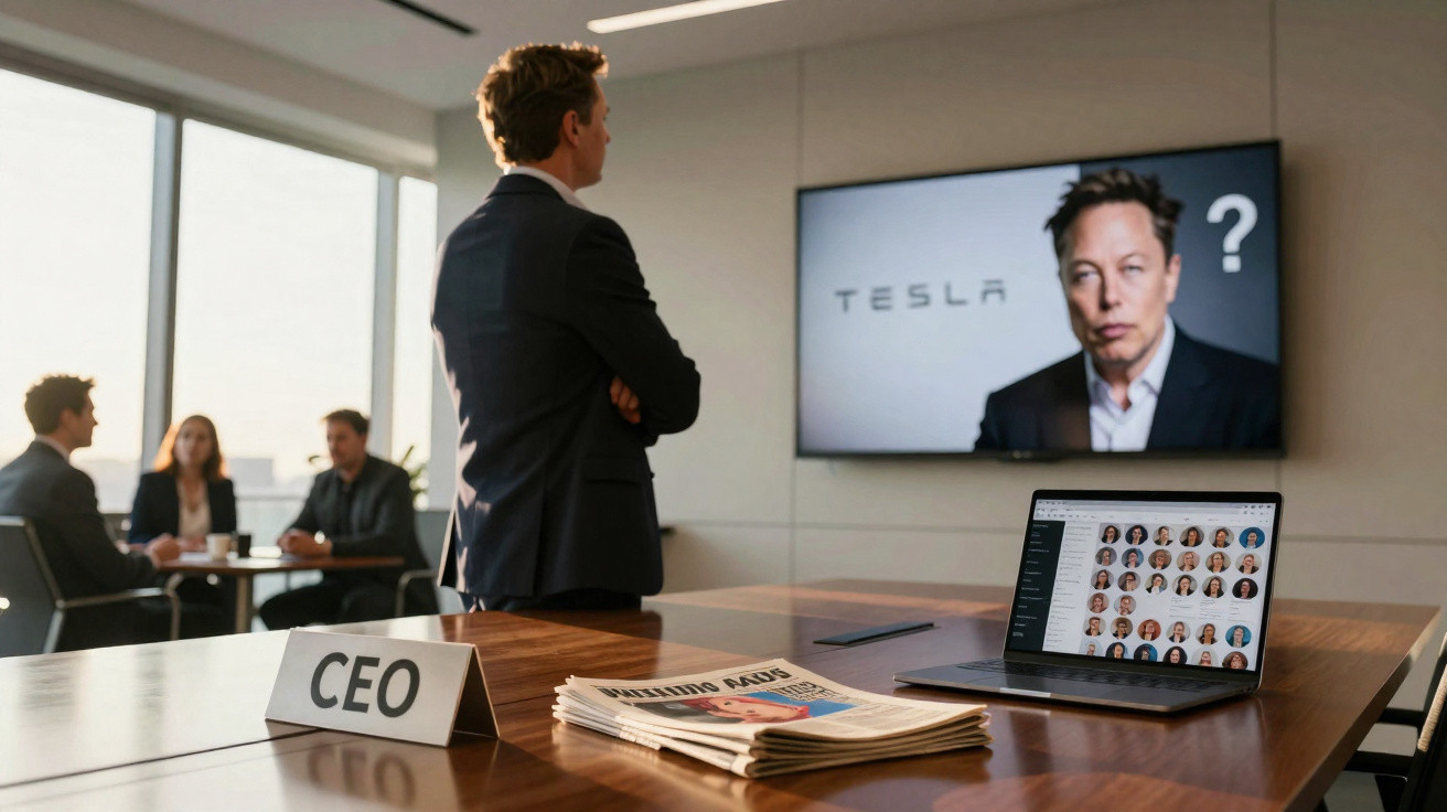 Homem de terno observa tela com imagem de Elon Musk e símbolo da Tesla em sala de reunião corporativa.