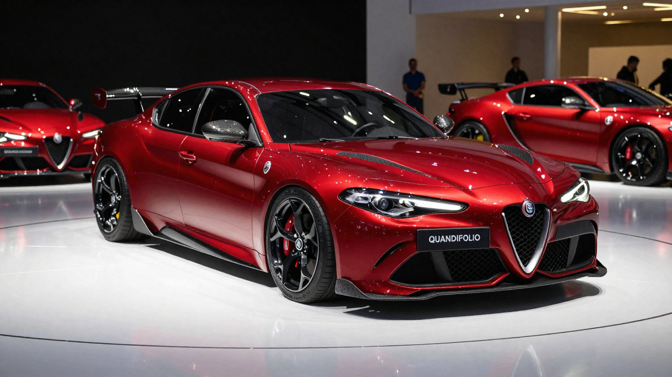 Carro esportivo Alfa Romeo vermelho brilhante exibido em salão de automóveis com fundo escuro.
