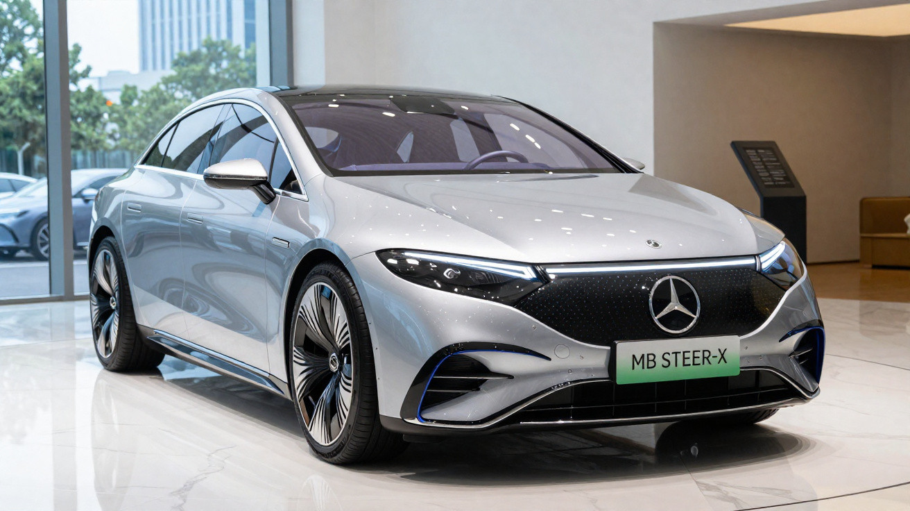 Carro elétrico Mercedes-Benz prata modelo MB STEER-X em showroom moderno.