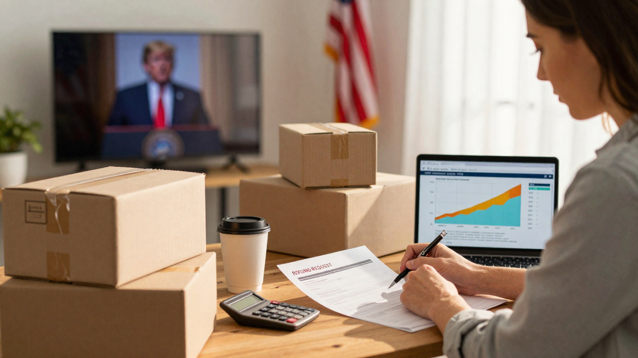 Pessoa preenchendo documento financeiro em mesa com caixas, calculadora e gráfico no notebook, TV ao fundo.