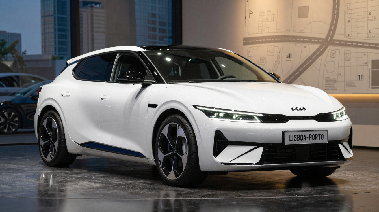 Carro elétrico branco Kia EV6 GT com luzes acesas exibido em ambiente interno moderno.