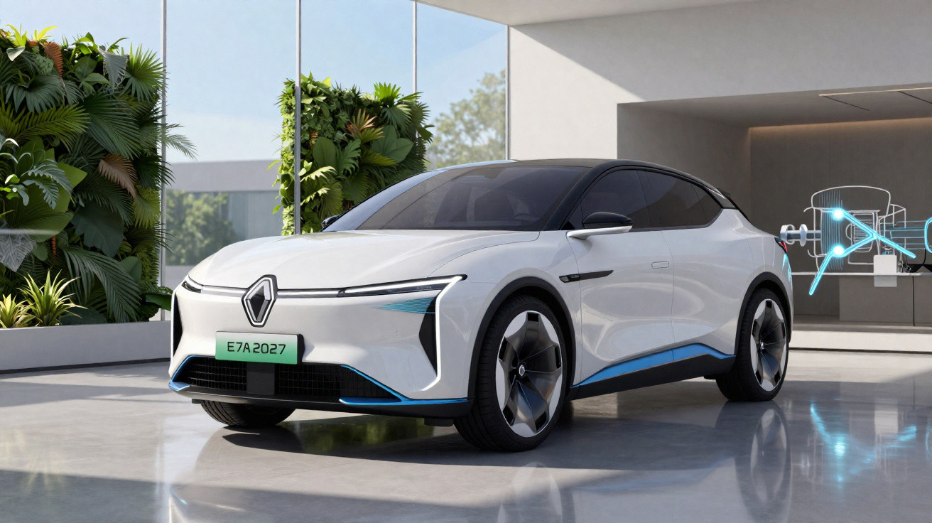 Carro elétrico Renault branco futurista em ambiente moderno com plantas e conexão digital ao fundo.