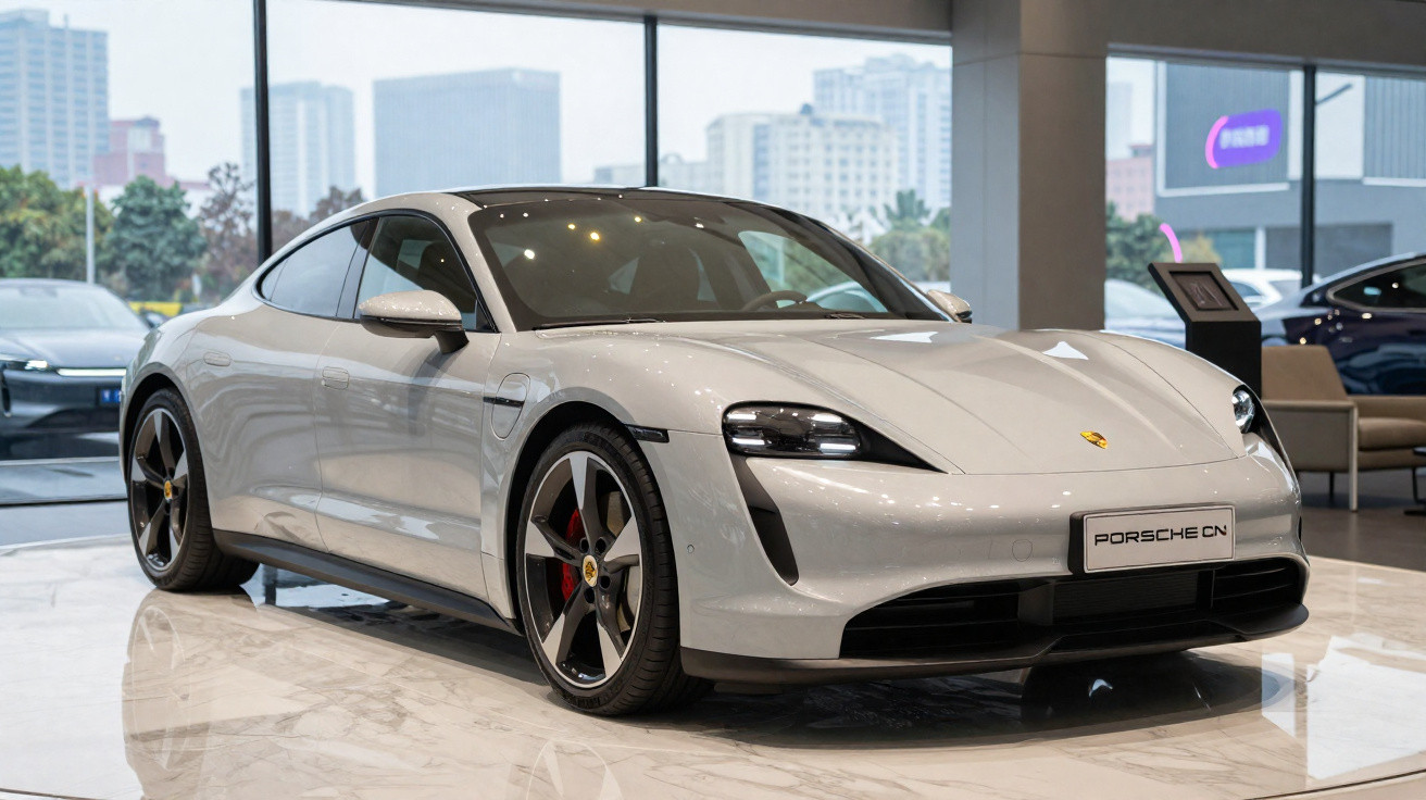 Carro esportivo Porsche elétrico branco exposto em showroom com piso de mármore e vista urbana ao fundo.