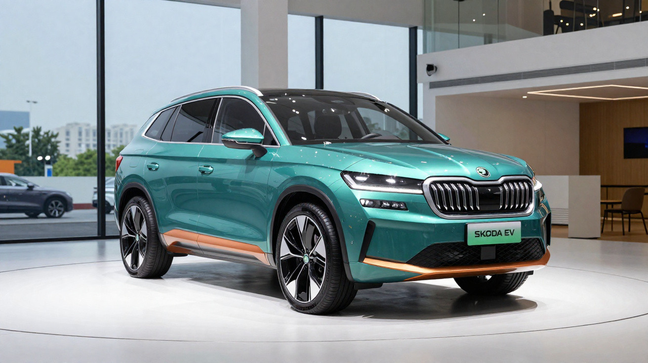 Carro SUV elétrico verde Skoda EV exposto em sala de showroom moderno e iluminado.