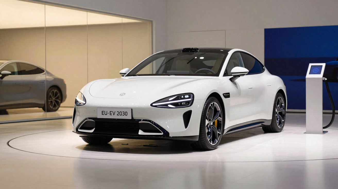 Carro elétrico branco moderno em exposição, com design aerodinâmico e carregador ao lado.
