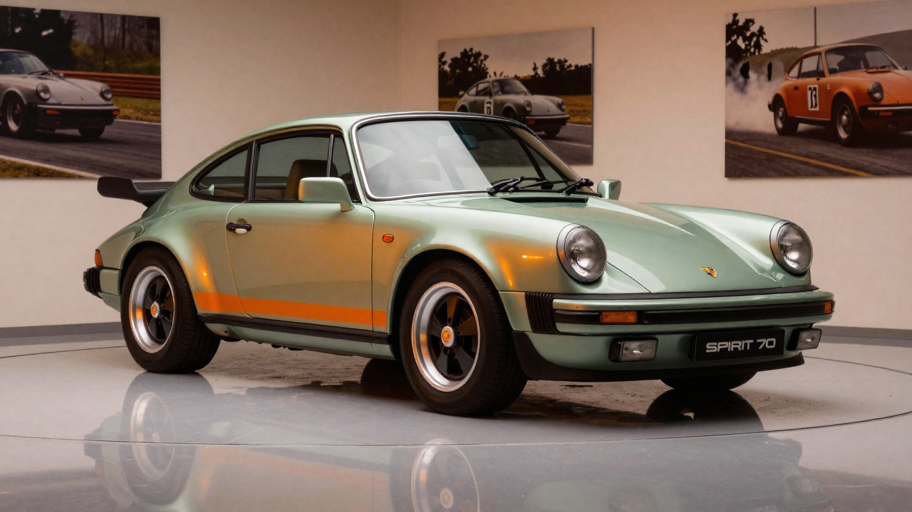 Carro esportivo clássico Porsche Spirit 70 verde em exibição com fotos de carros antigos na parede.