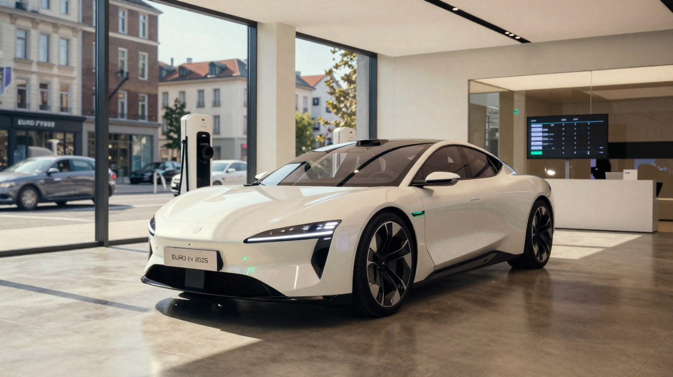 Carro elétrico branco estiloso exibido em showroom moderno com grandes janelas de vidro.