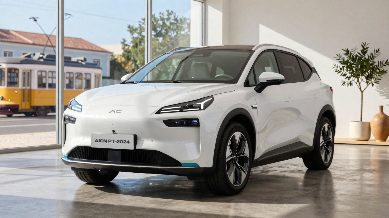 Carro elétrico branco Aion PT-2024 em ambiente interno com janela ampla e planta ao fundo.