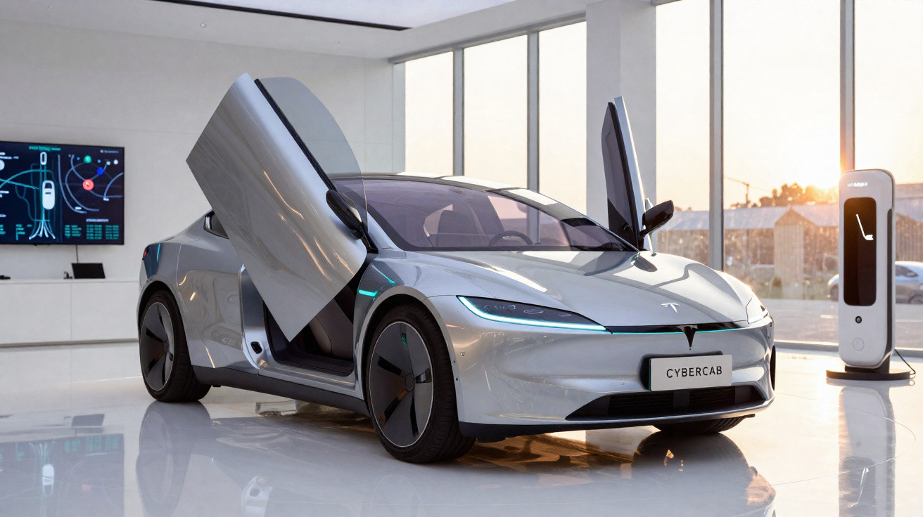 Carro elétrico prata Tesla Cybercab com portas abertas estilo asas de gaivota em ambiente moderno e iluminado.
