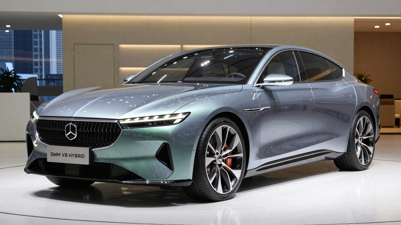 Carro híbrido GWM V8 na cor cinza exibido em ambiente interno com iluminação moderna.