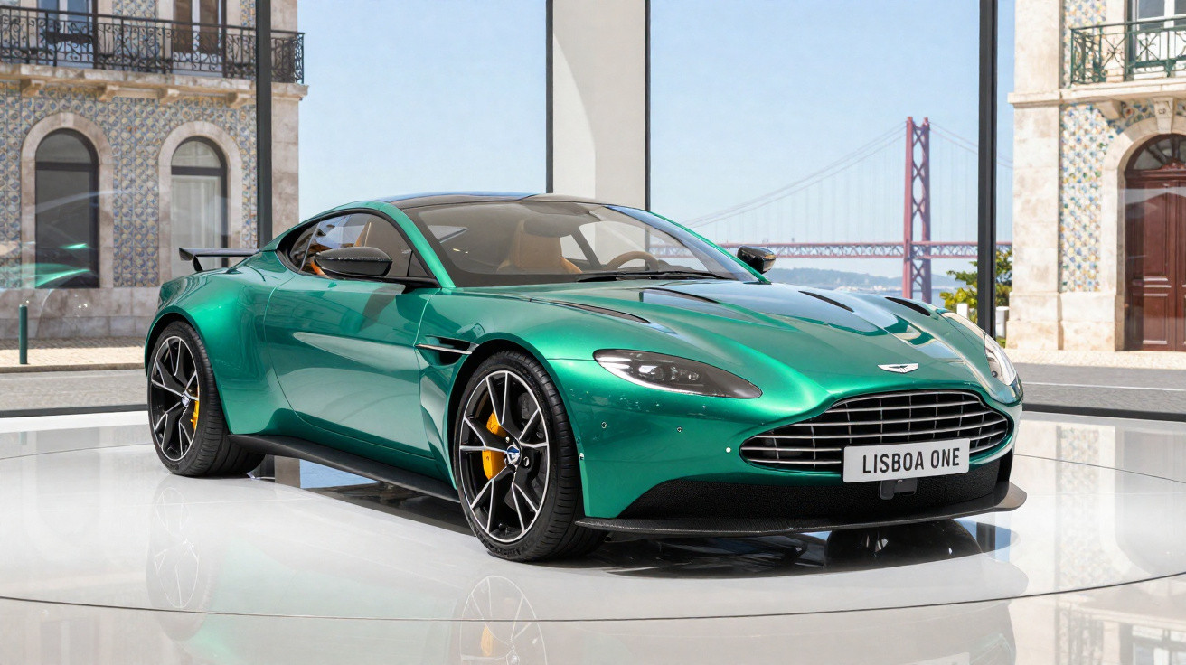 Carro esportivo verde metálico Aston Martin com placa personalizada "LISBOA ONE" em exposição urbana.