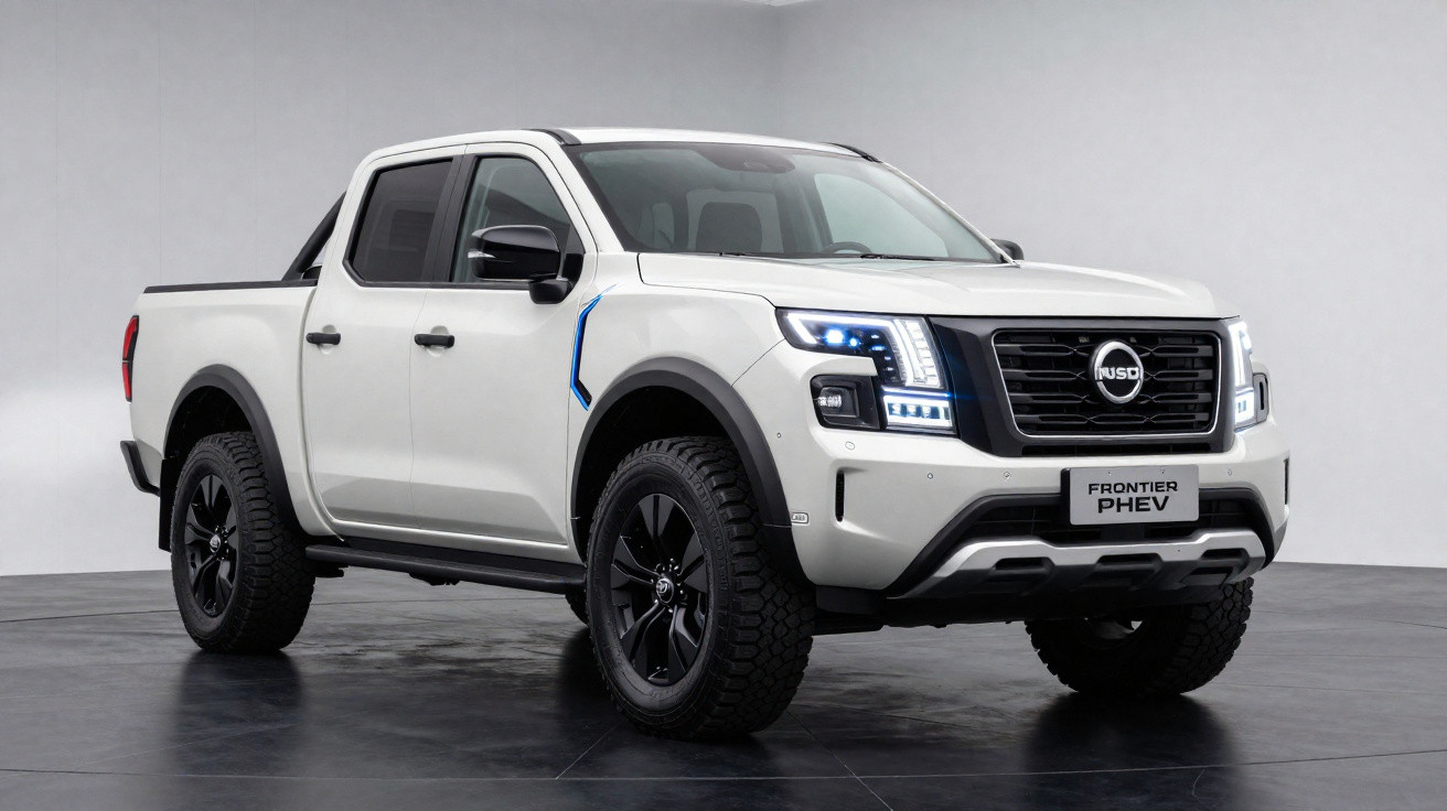 Picape branca Nissan Frontier PHEV com faróis de LED e rodas pretas em estúdio.