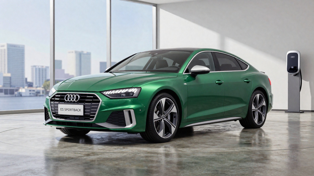 Carro Audi ES Sportback verde estacionado em garagem com carregador elétrico na parede.