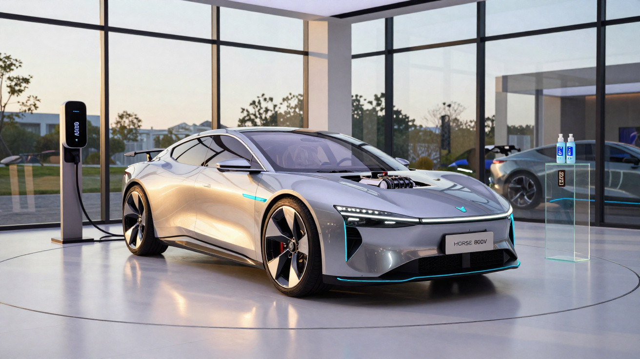Carro esportivo elétrico cinza prata em showroom moderno com carregador ao fundo e vidro panorâmico.