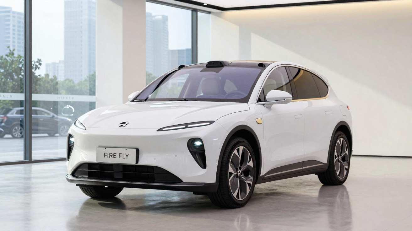 Carro elétrico branco modelo SUV estacionado em ambiente interno com janelas grandes ao fundo.