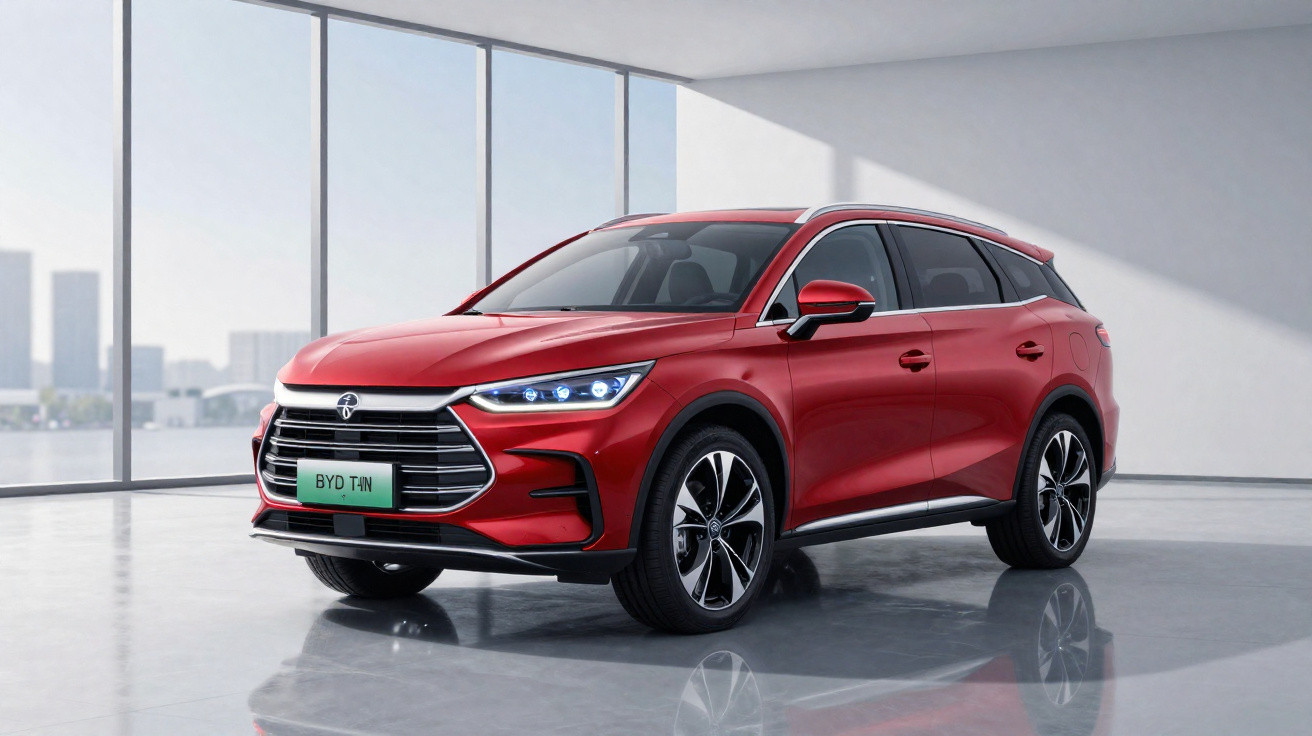 SUV vermelho BYD Tang estacionado em ambiente moderno com grandes janelas e luz natural.