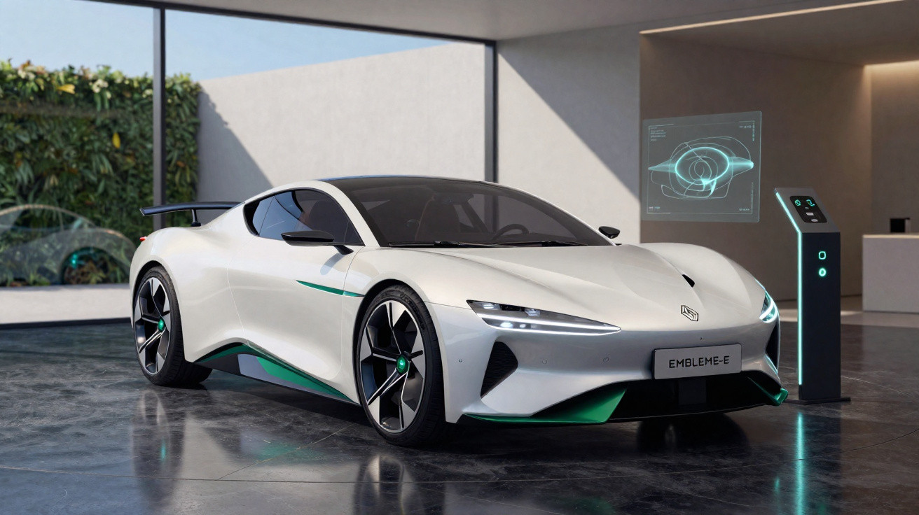 Carro esportivo elétrico branco em showroom moderno com tela holográfica ao fundo e estação de carregamento.