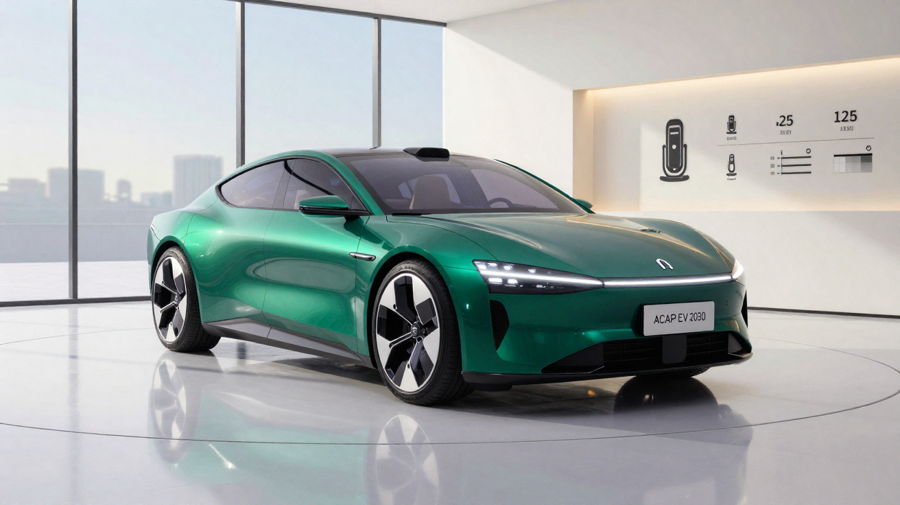 Carro esportivo elétrico verde com design moderno exibido em ambiente interno minimalista iluminado.