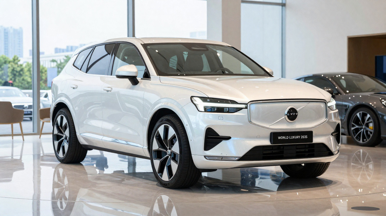 SUV branco Volvo XC60 exposto em showroom com piso brilhante e outras carros ao fundo.