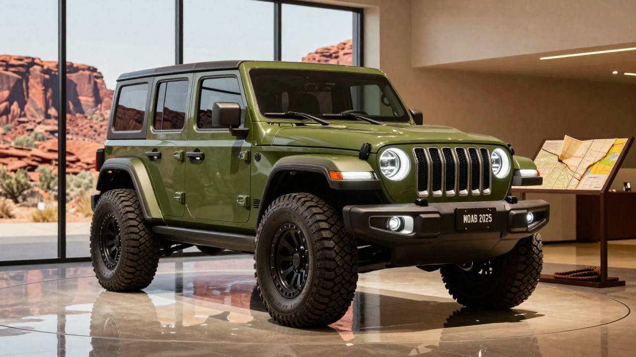 Jeep verde militar modelo 2025 exibido em showroom com grande janela para deserto rochoso ao fundo.