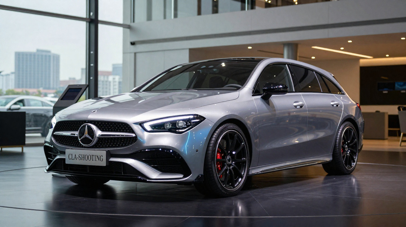 Carro Mercedes-Benz CLA Shooting Brake prata, moderno, exposto em salão, com rodas pretas e freios vermelhos.