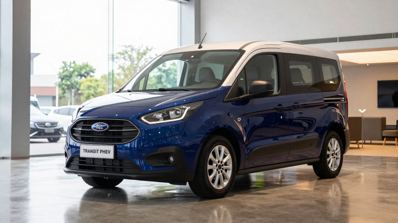 Ford Transit PHEV azul e branca em showroom com piso refletivo e iluminação natural.