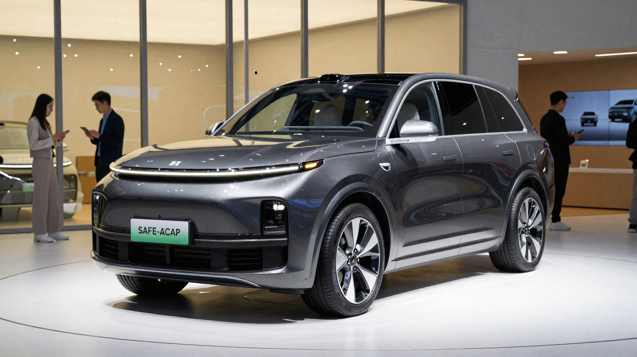 SUV cinza escuro exibido em salão de automóveis com pessoas ao fundo.