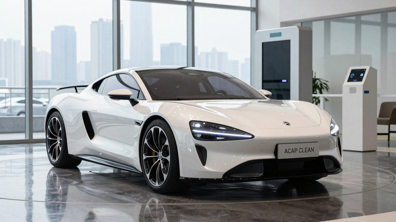 Carro esportivo branco estacionado em showroom moderno com janelas grandes e piso refletivo.