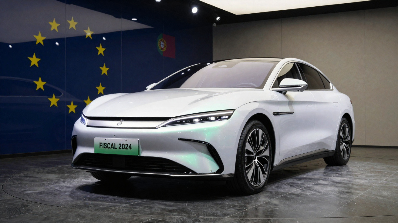 Carro elétrico branco modelo sedã exibido em ambiente interno, com placa "Fiscal 2024" e bandeiras ao fundo.