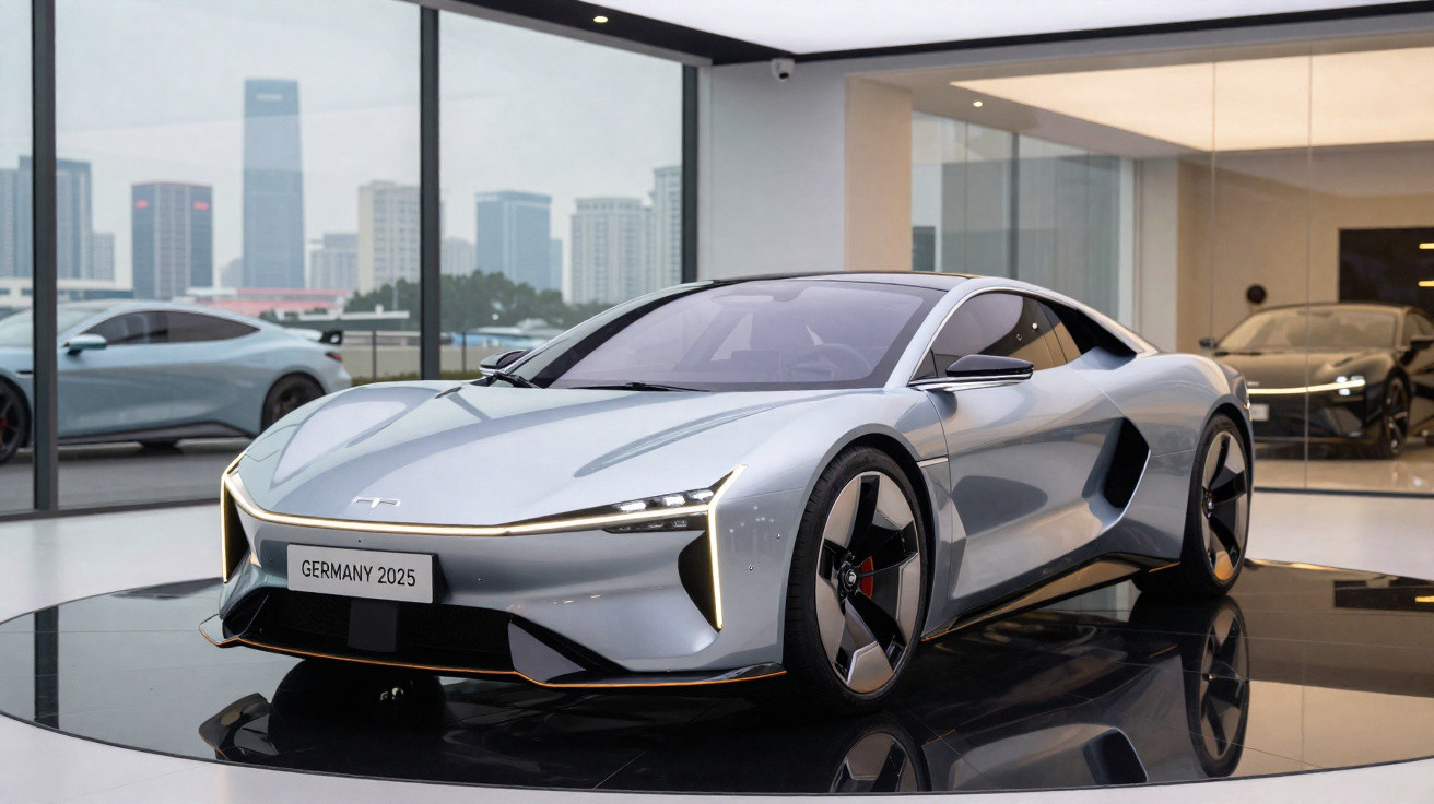 Carro esportivo elétrico prateado em exposição com placa escrita Germany 2025 em ambiente moderno.