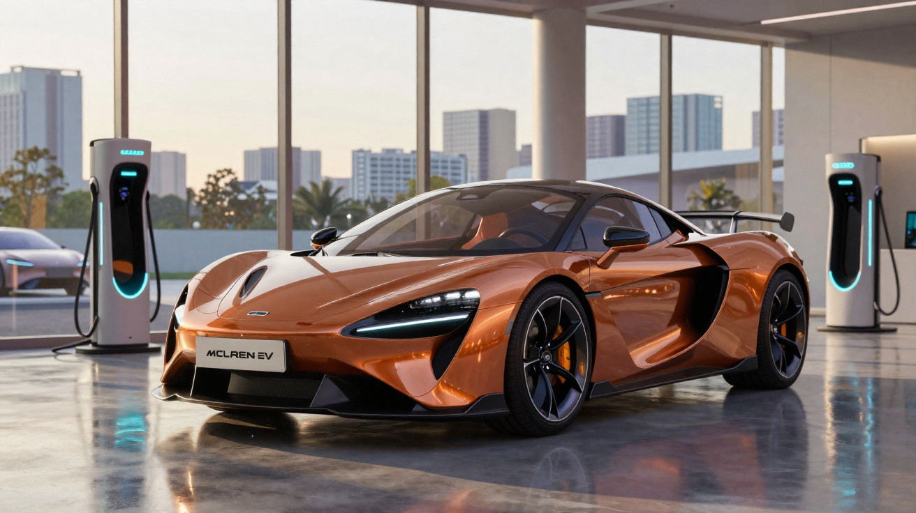 Carro esportivo elétrico McLaren EV laranja estacionado em garagem com carregadores elétricos e prédios ao fundo.