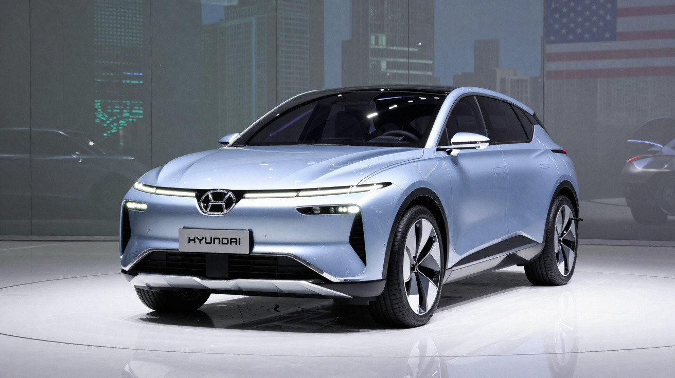 Carro elétrico Hyundai azul claro em exposição, com design moderno e faróis finos.