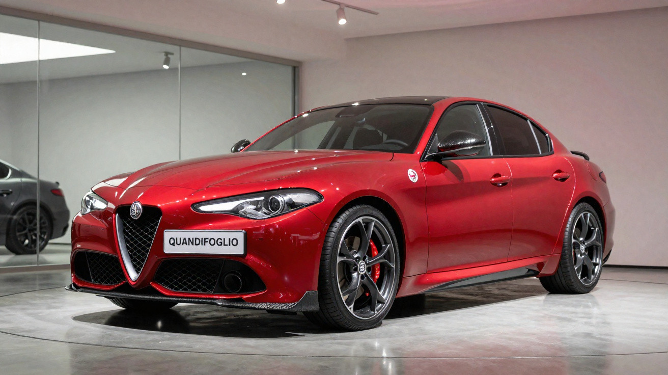Carro esportivo vermelho Alfa Romeo Giulia Quadrifoglio estacionado em ambiente interno moderno.
