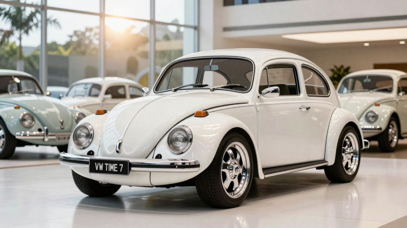 Carro clássico Volkswagen Fusca branco em exposição interna com carros similares ao fundo.