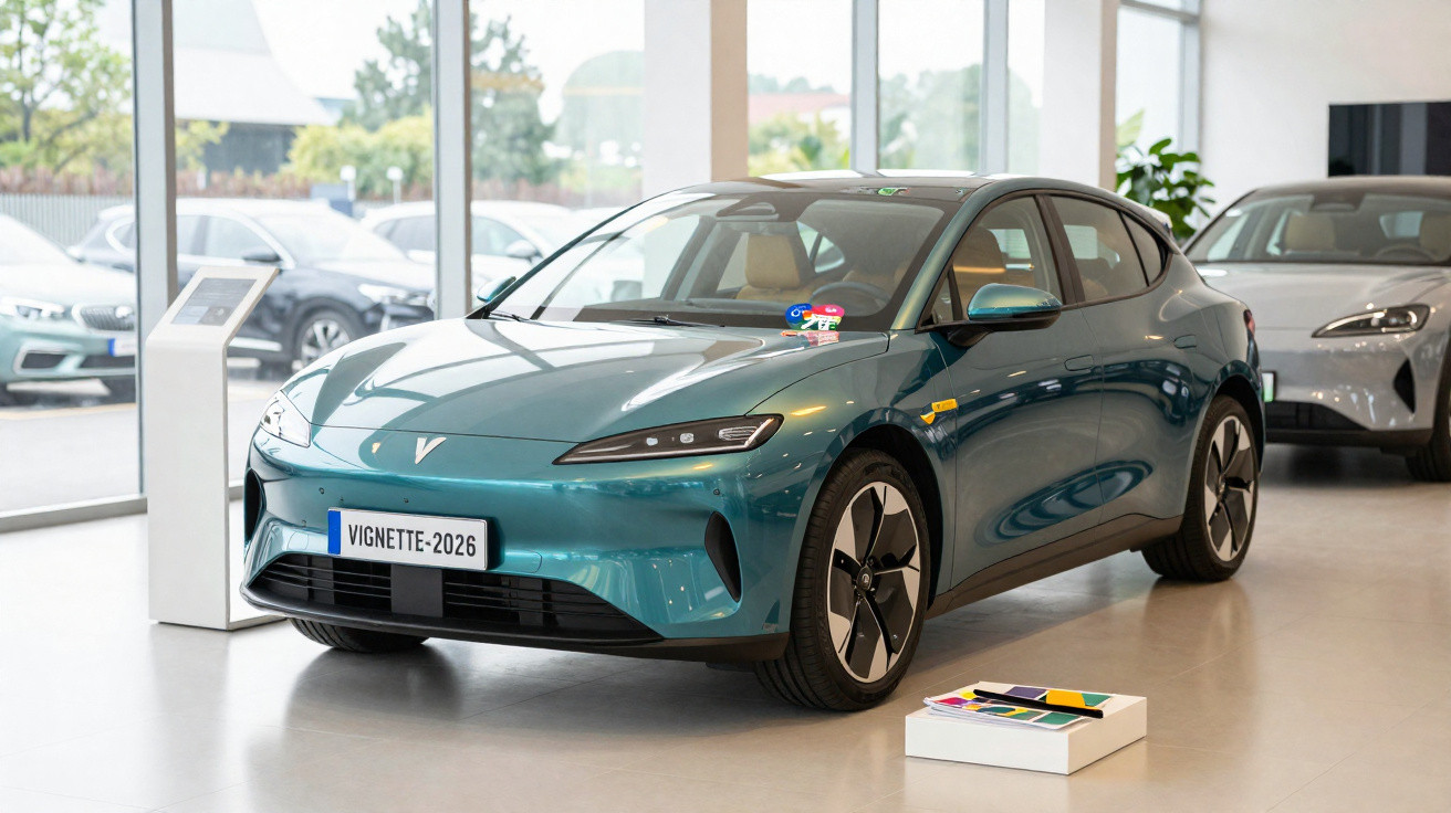 Carro elétrico azul em exposição dentro de showroom moderno com piso claro e paredes de vidro.