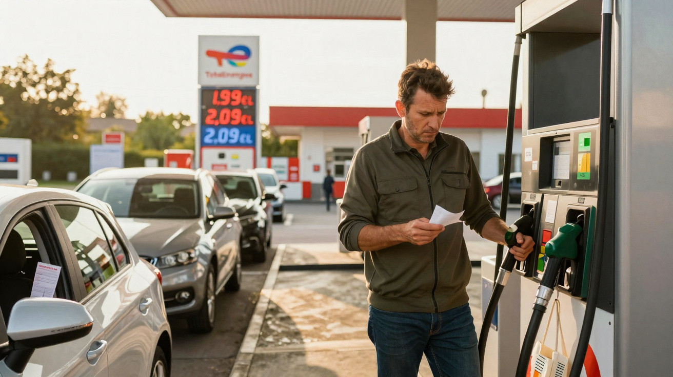 Homem abastecendo carro em posto de gasolina enquanto verifica uma nota fiscal.