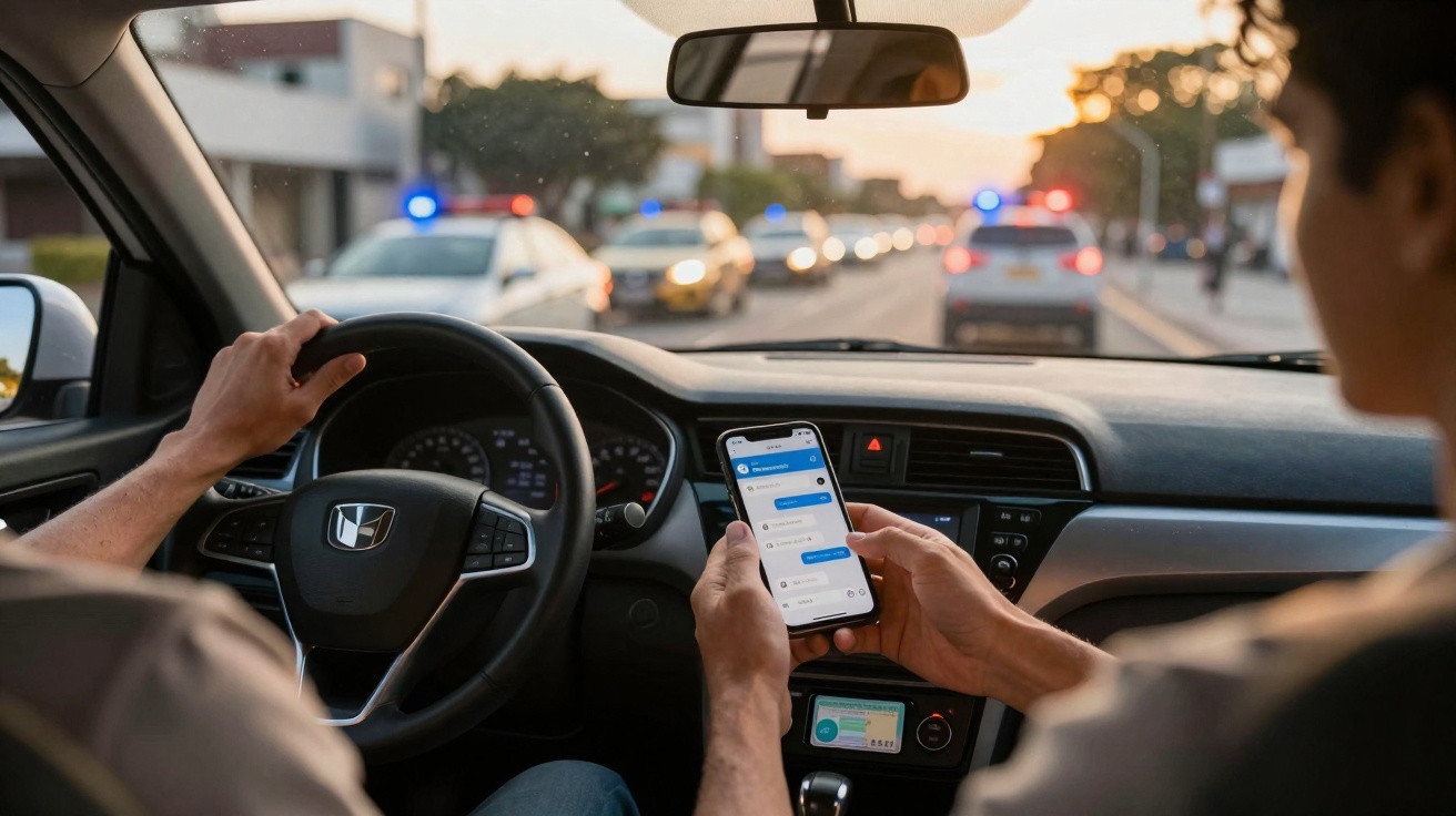 Interior de carro com motorista segurando volante e passageiro usando celular, à frente viatura policial com luzes ligadas.