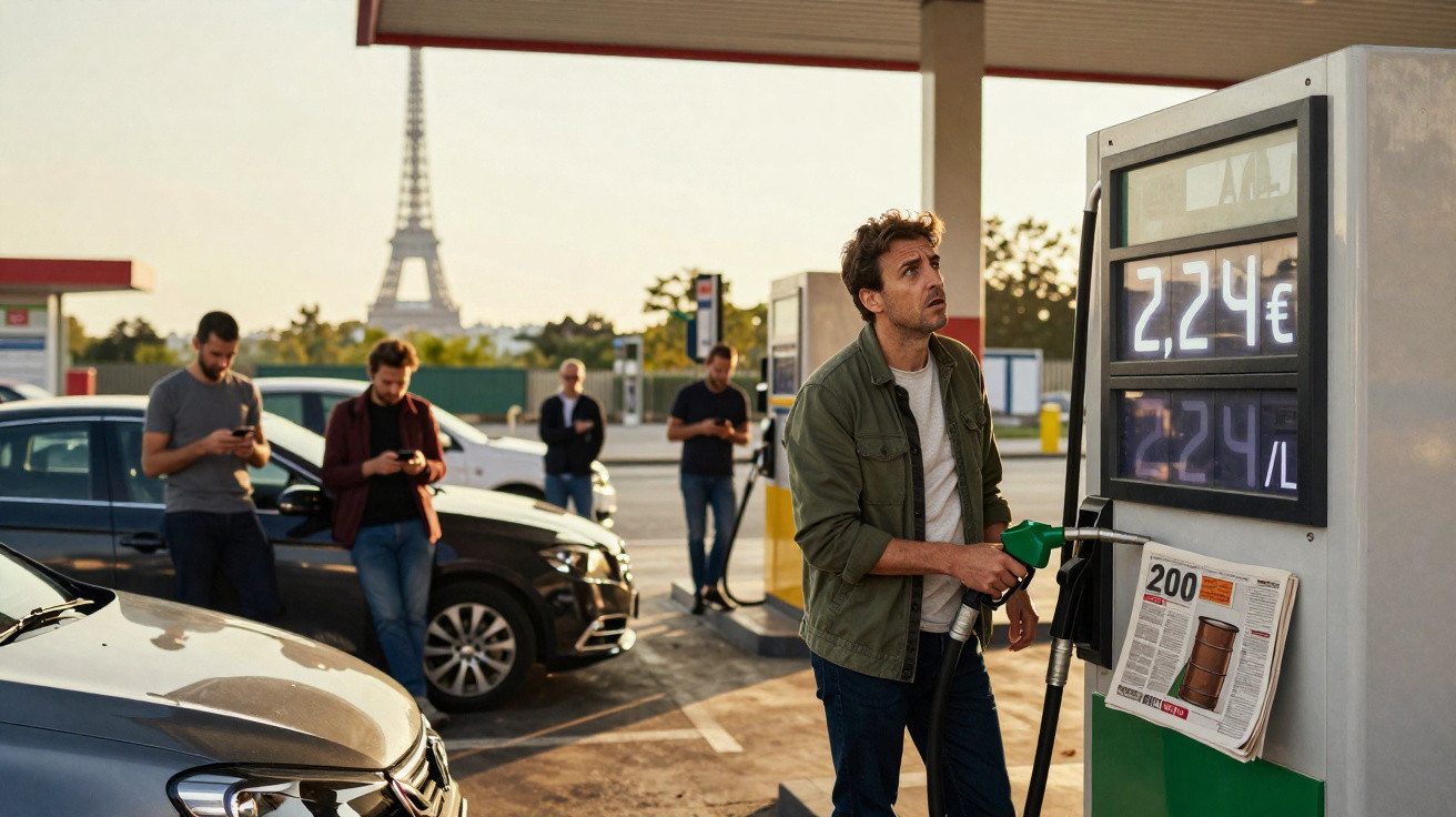 Homem abastecendo combustível em posto com Torre Eiffel ao fundo e pessoas usando celular próximas.