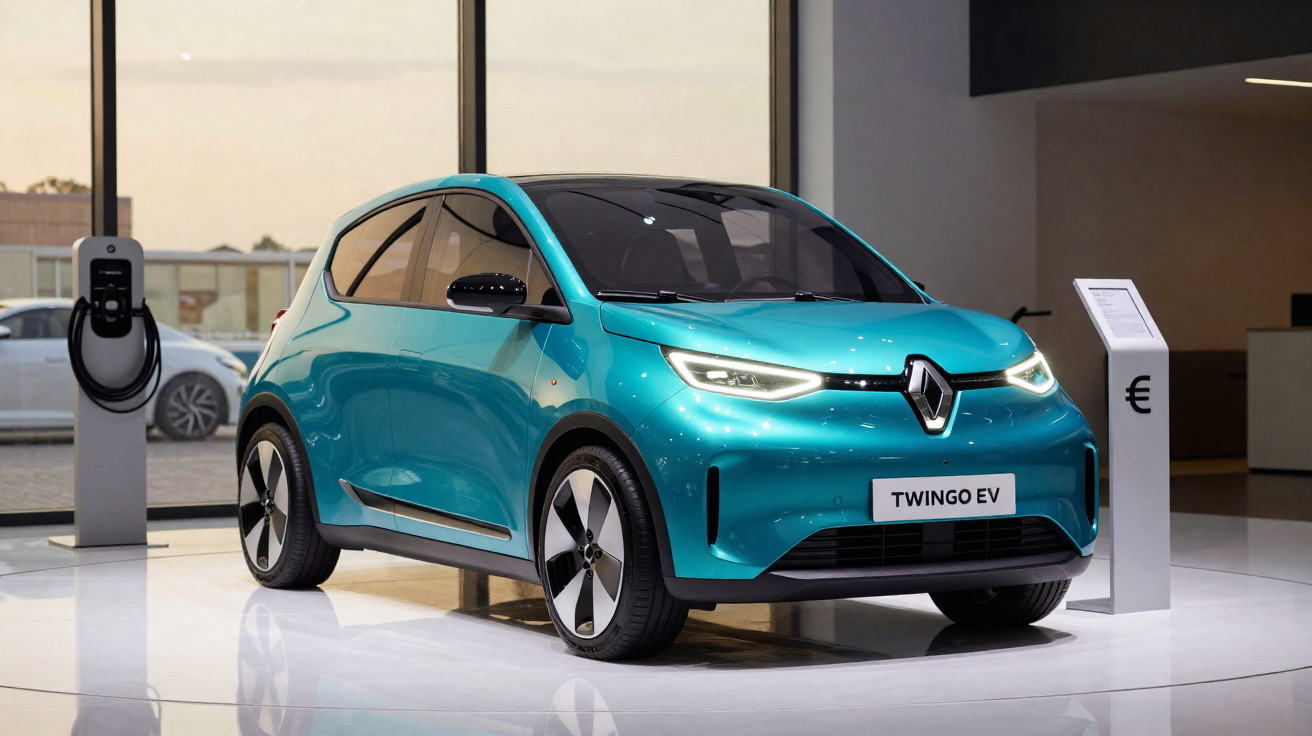 Carro elétrico Renault Twingo EV azul em exposição com carregador ao lado em showroom moderno.