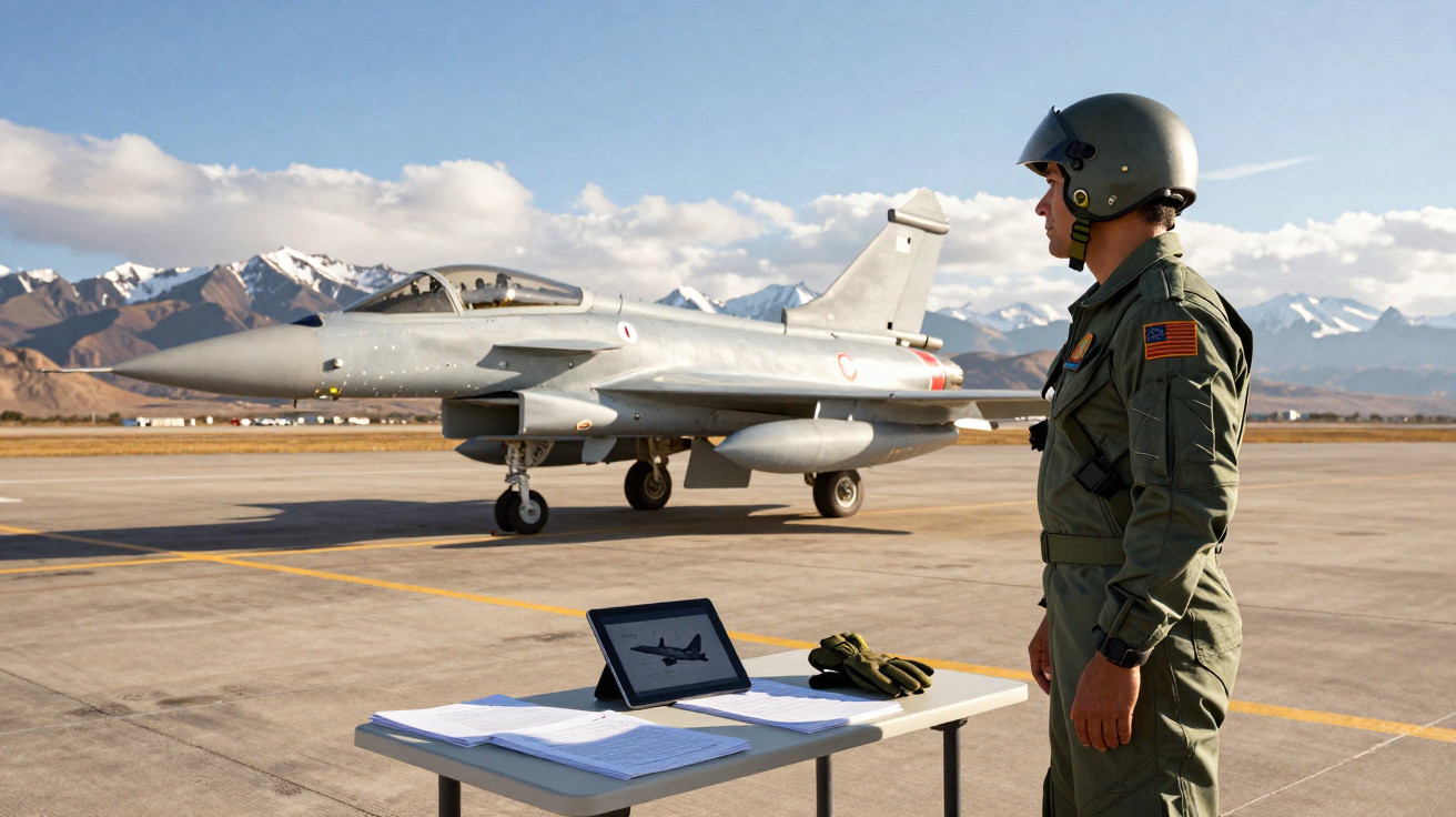 Piloto militar em uniforme com capacete observa jato de combate estacionado em pista perto de mesa com documentos e tablet.