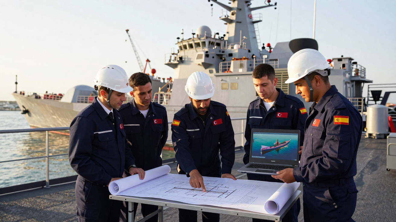 Cinco engenheiros com capacetes revisam plantas e modelo 3D em laptop na plataforma de um navio naval.