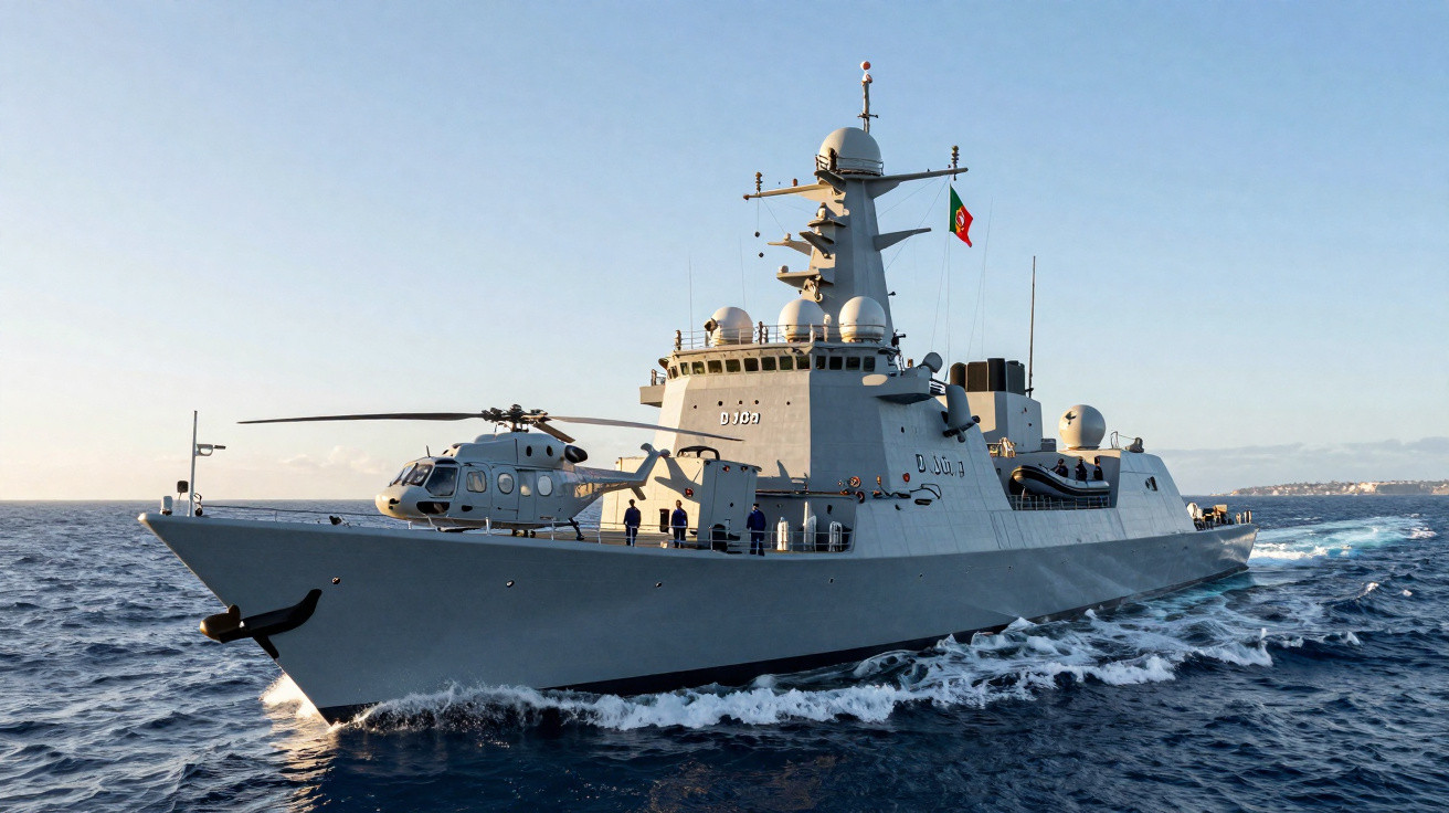 Navio militar português em alto mar com helicóptero no convés sob céu claro.