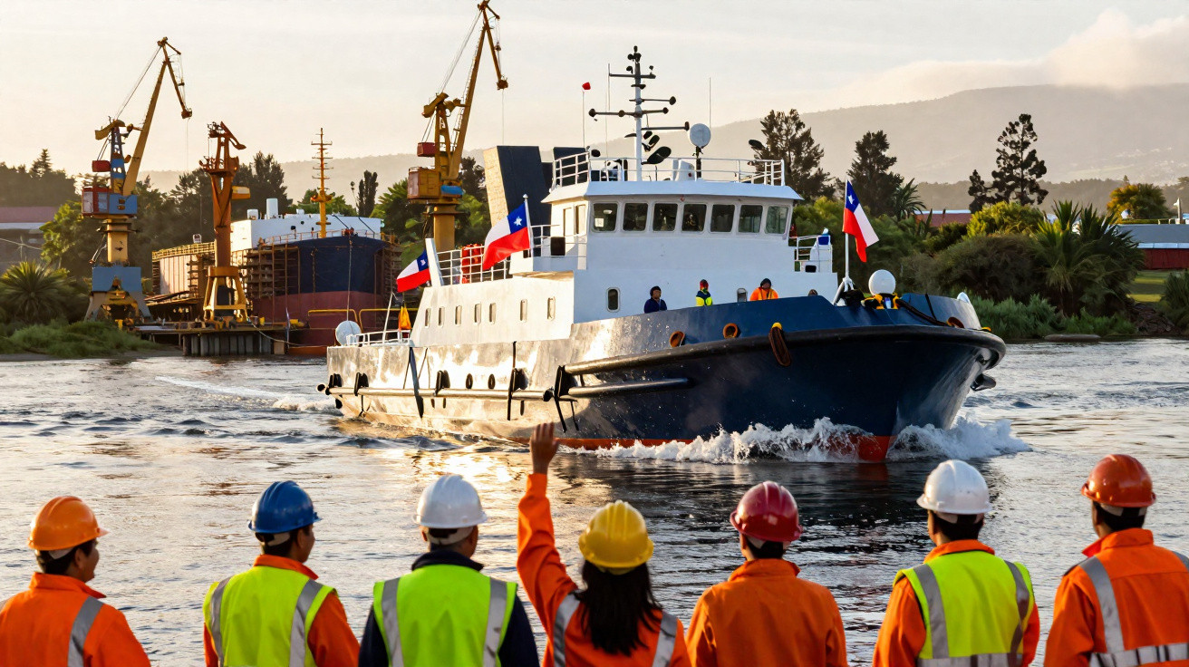 Equipe de trabalhadores com capacetes e coletes observando um barco segurando bandeiras do Chile em um porto.
